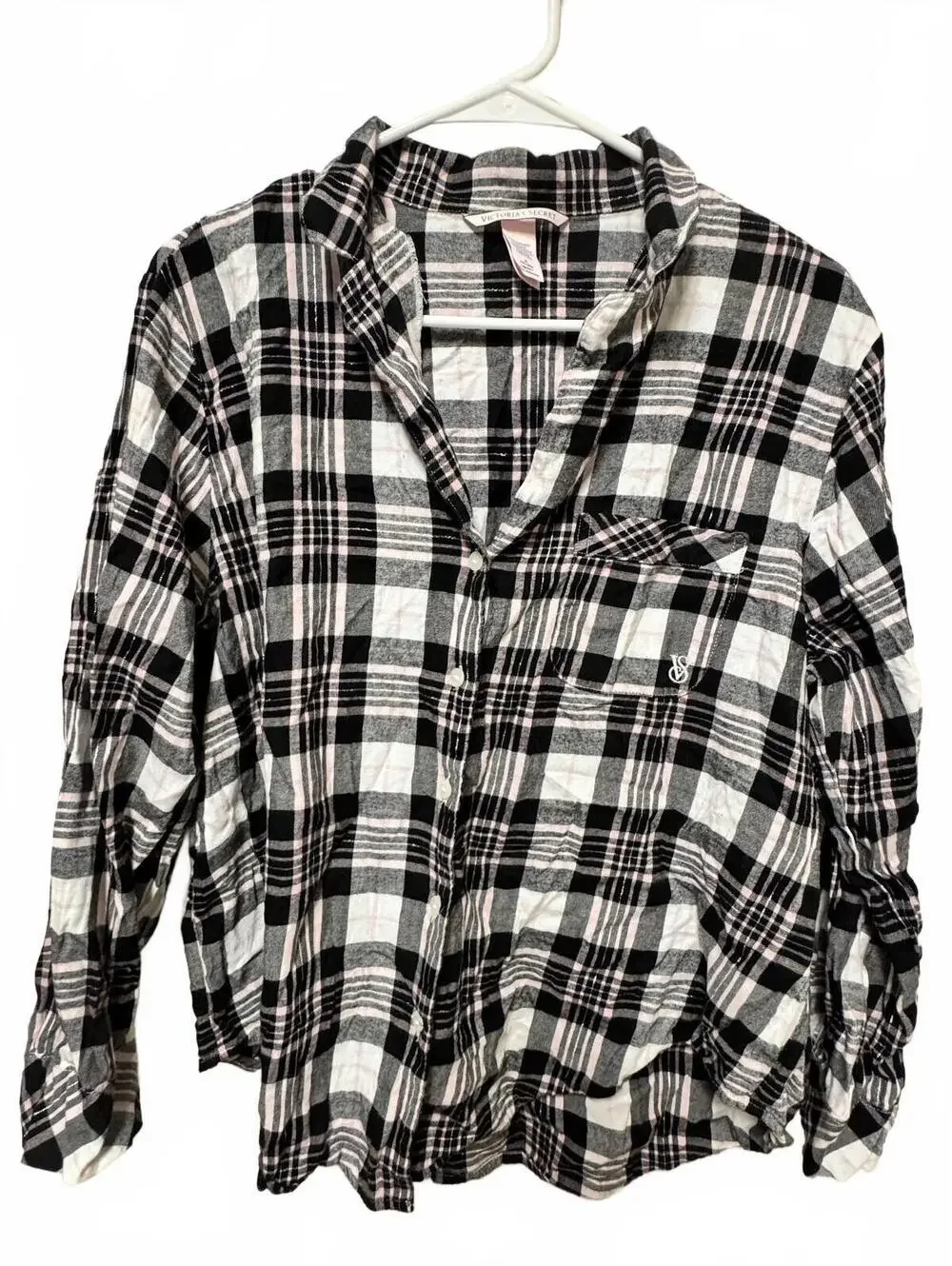 Victoria's Secret Pajama Top Plaid Flannel Button Up Pink Black White Size M